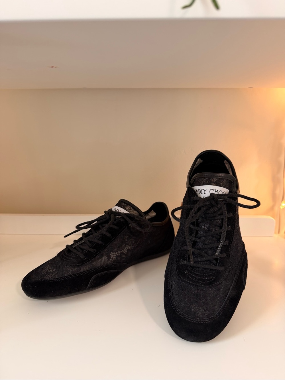 Jimmy Choo Black Leather and Lace Low Top Trainers